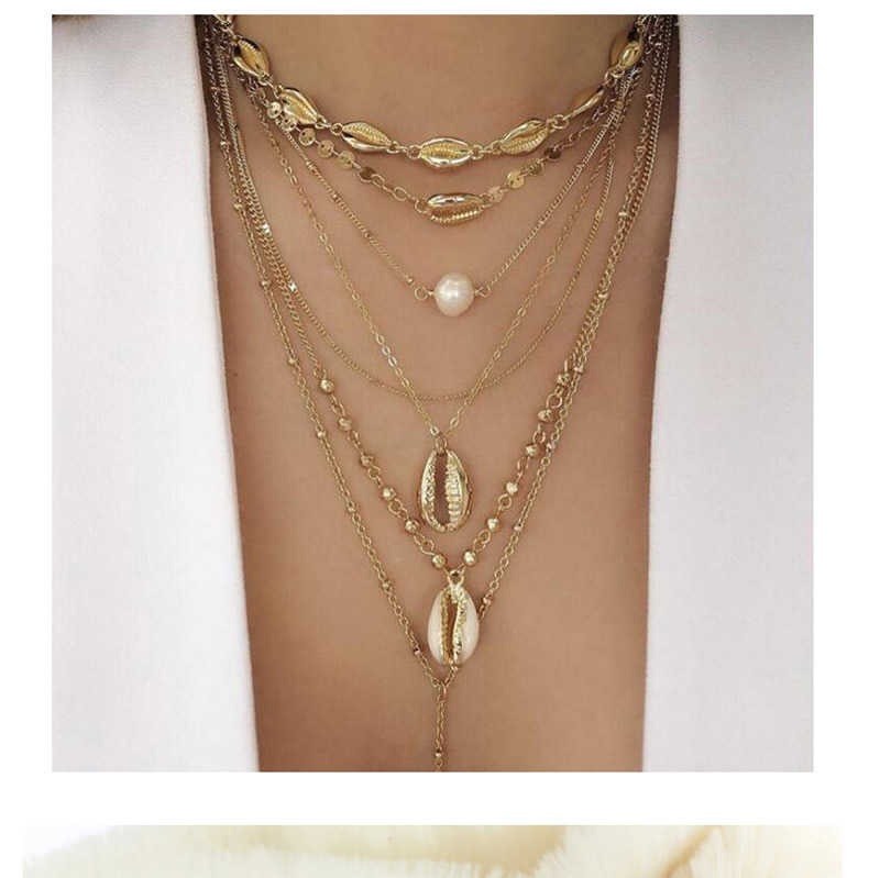 Fashion Gold Alloy Shell Pearl Sequin Multilayer Necklace,Multi Strand Necklaces