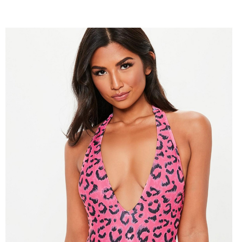 Fashion Rose Red Leopard Print Halter One-piece Swimsuit,One Pieces