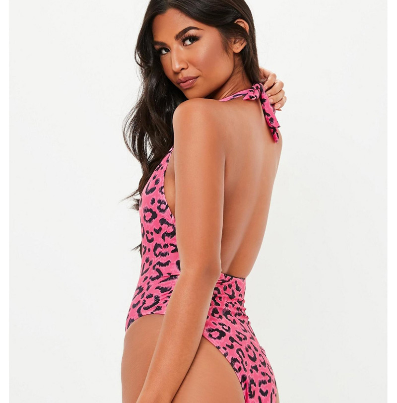 Fashion Green Leopard Print Halter One-piece Swimsuit,One Pieces