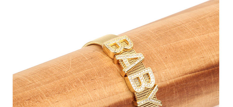 Fashion Gold Letter Stainless Steel Gold Color Mesh Strap With Zircon Bracelet,Bracelets