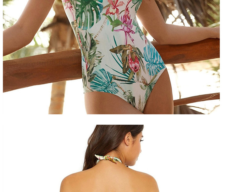 Fashion White Leaf Print One-piece Swimsuit,One Pieces