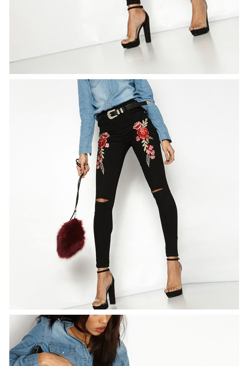 Fashion Black Shredded Embroidery Jeans,Pants