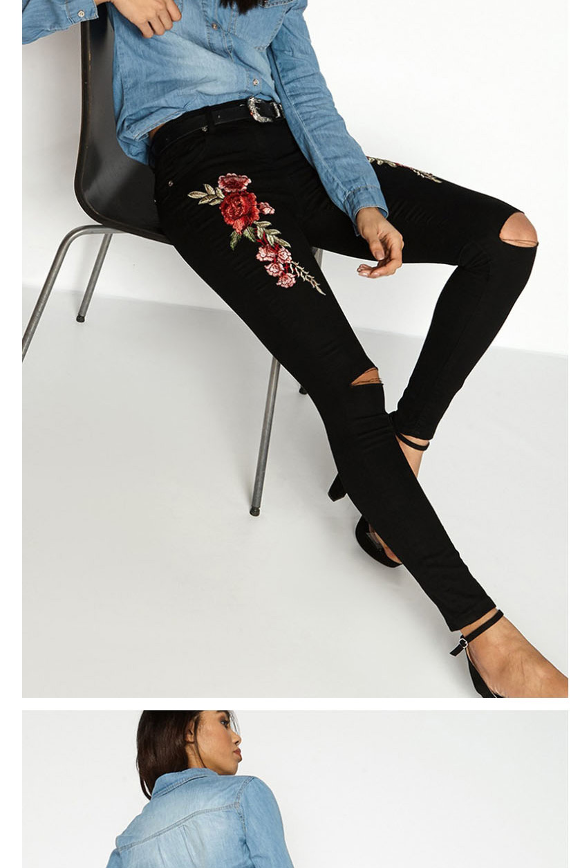 Fashion Black Shredded Embroidery Jeans,Pants
