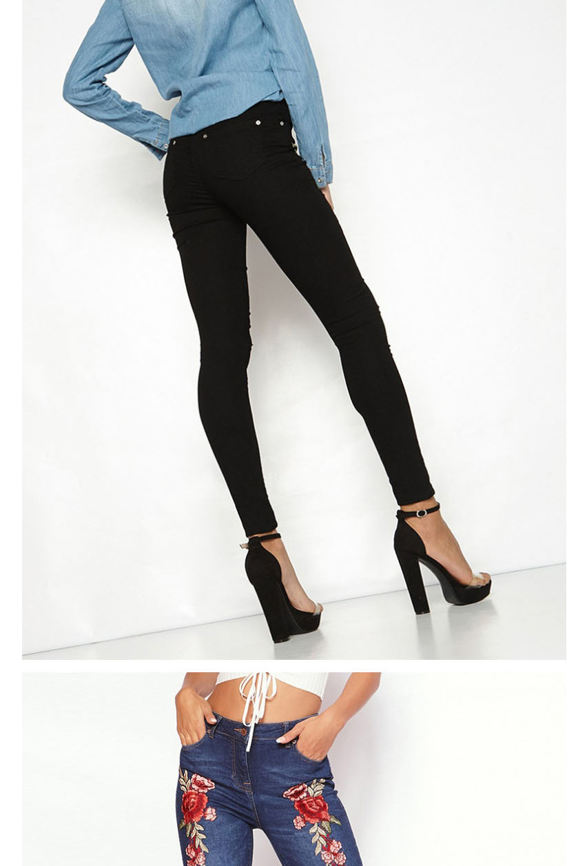 Fashion Navy Blue Shredded Embroidery Jeans,Pants