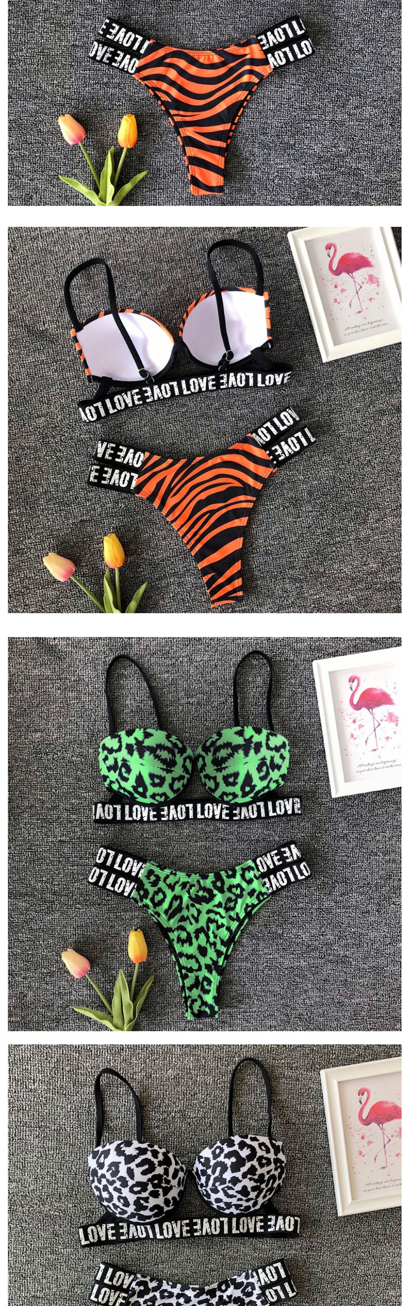 Fashion Green Leopard Hard Bag Love Strip Split Swimsuit,Bikini Sets