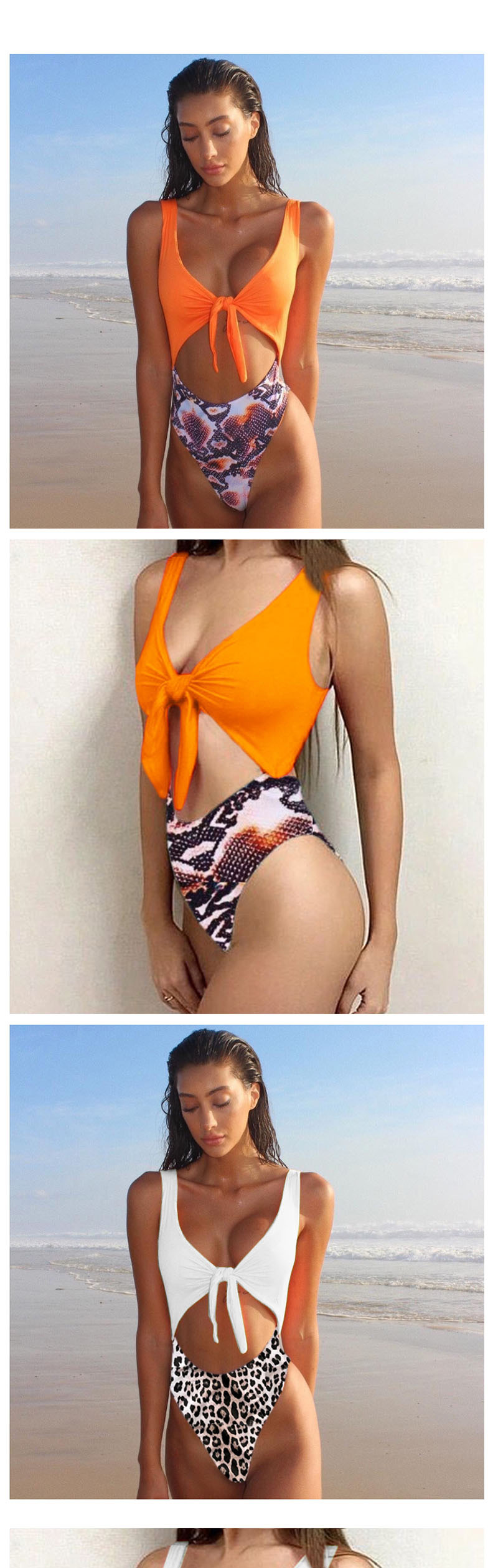 Fashion Orange Snakeskin Knotted High Waist Openwork Stitching One-piece Swimsuit,One Pieces