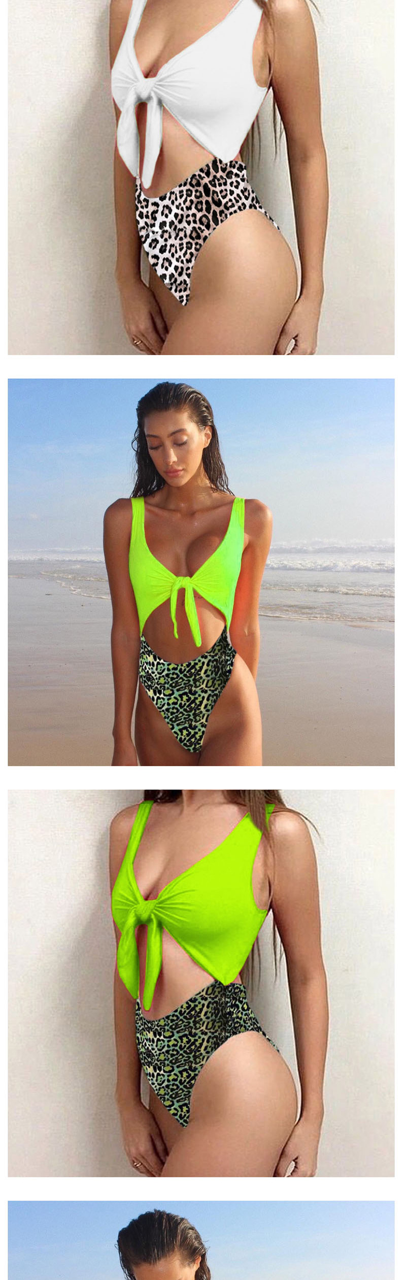 Fashion Rose Green Leaf Knotted High Waist Openwork Stitching One-piece Swimsuit,One Pieces