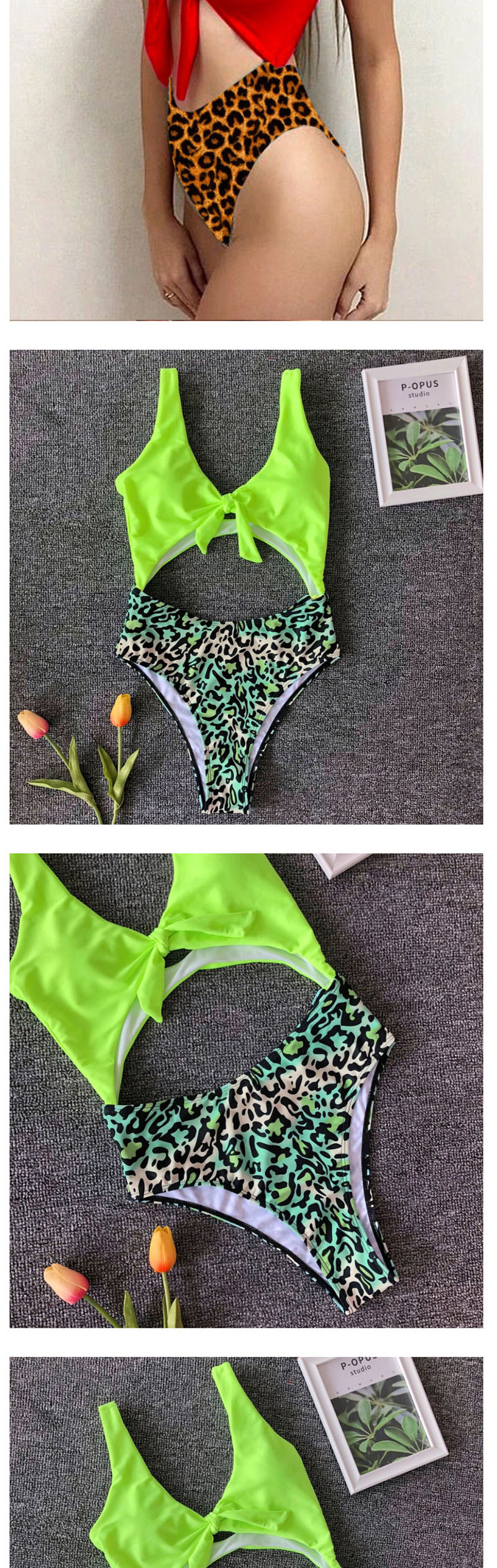 Fashion Fluorescent Leopard Knotted High Waist Openwork Stitching One-piece Swimsuit,One Pieces