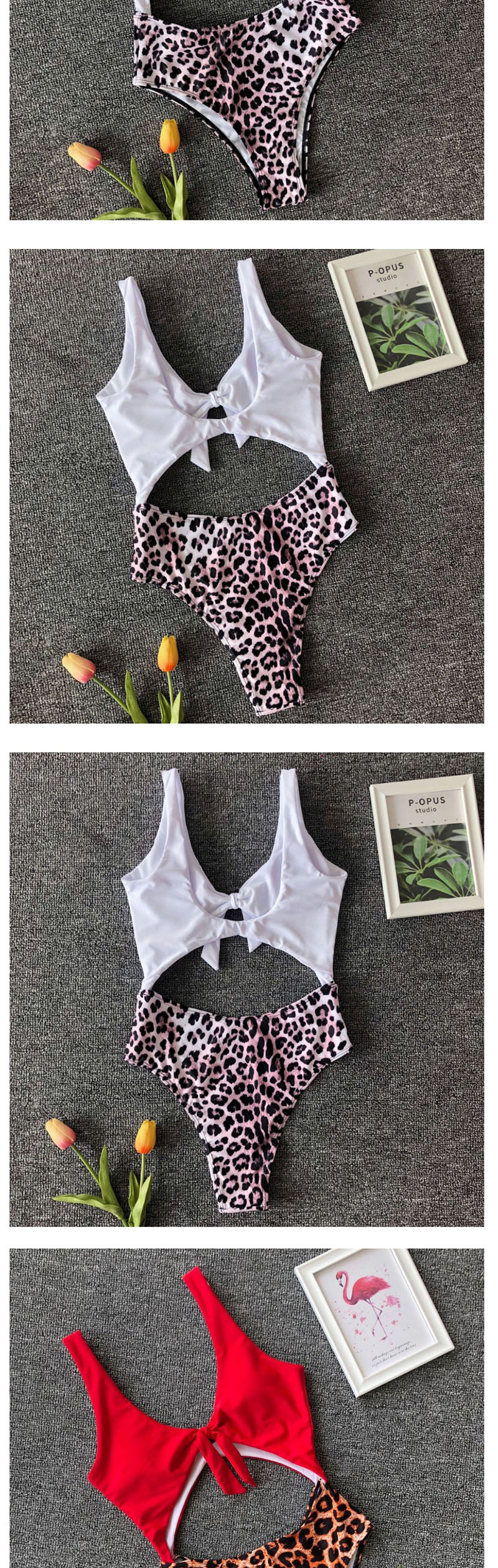 Fashion Fluorescent Leopard Knotted High Waist Openwork Stitching One-piece Swimsuit,One Pieces