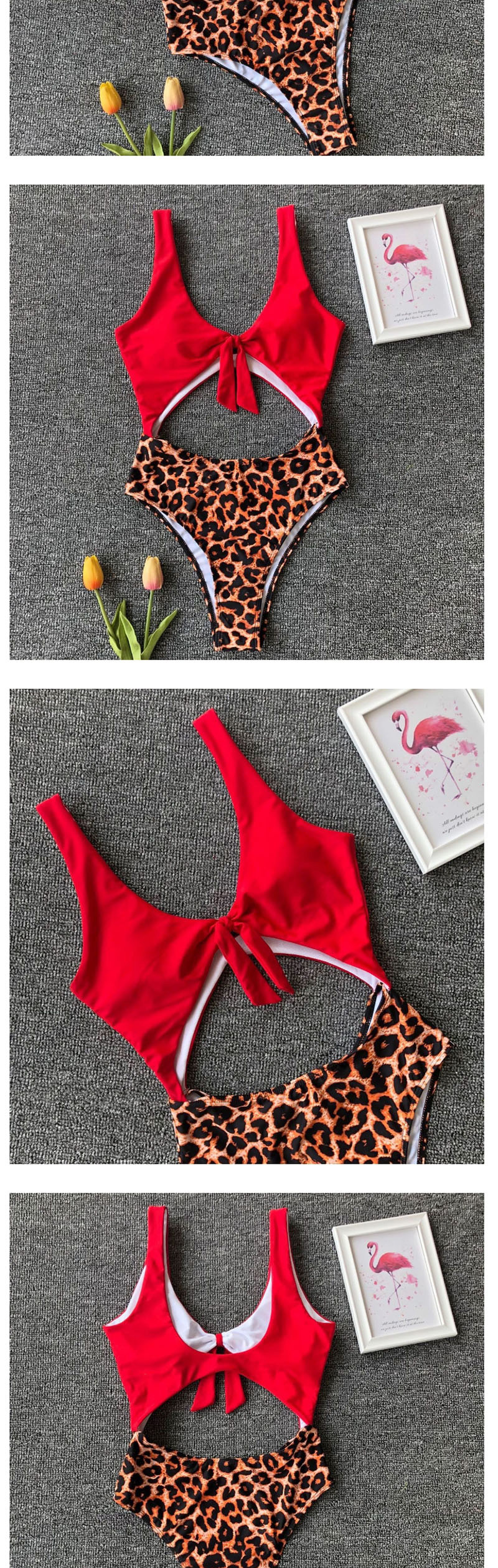 Fashion Red Leopard Knotted High Waist Openwork Stitching One-piece Swimsuit,One Pieces
