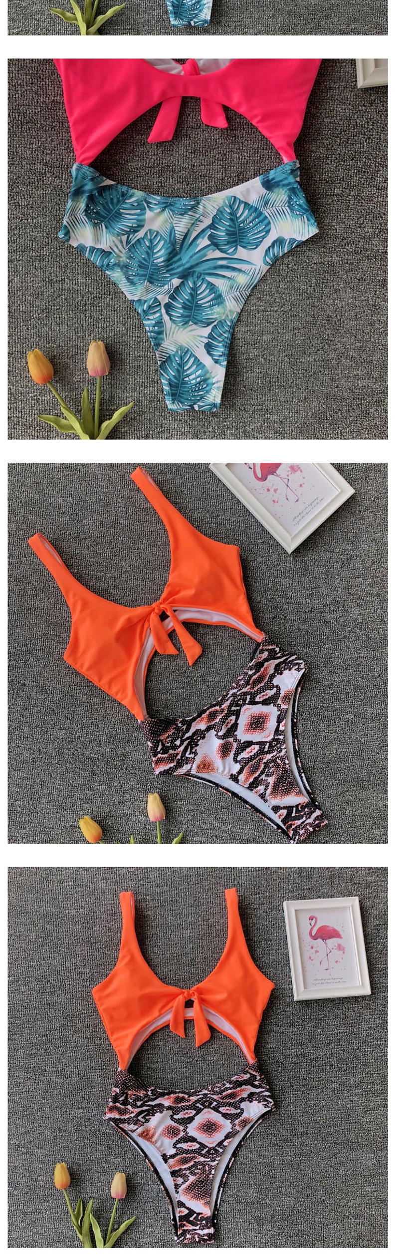 Fashion Orange Snakeskin Knotted High Waist Openwork Stitching One-piece Swimsuit,One Pieces