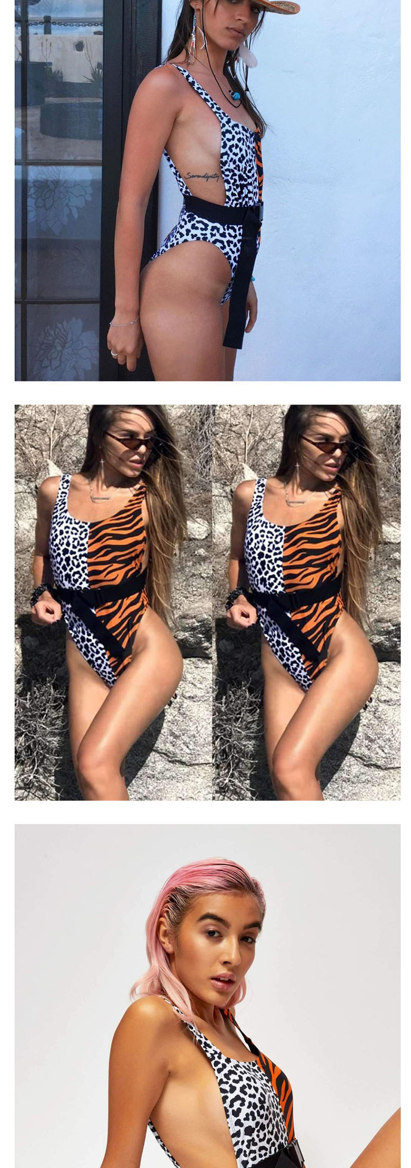 Fashion Green Socket Leopard Stitching One-piece Swimsuit,One Pieces