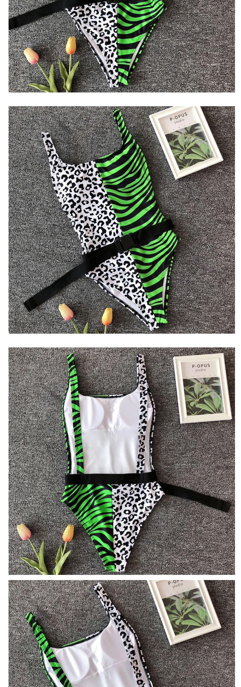 Fashion Green Socket Leopard Stitching One-piece Swimsuit,One Pieces