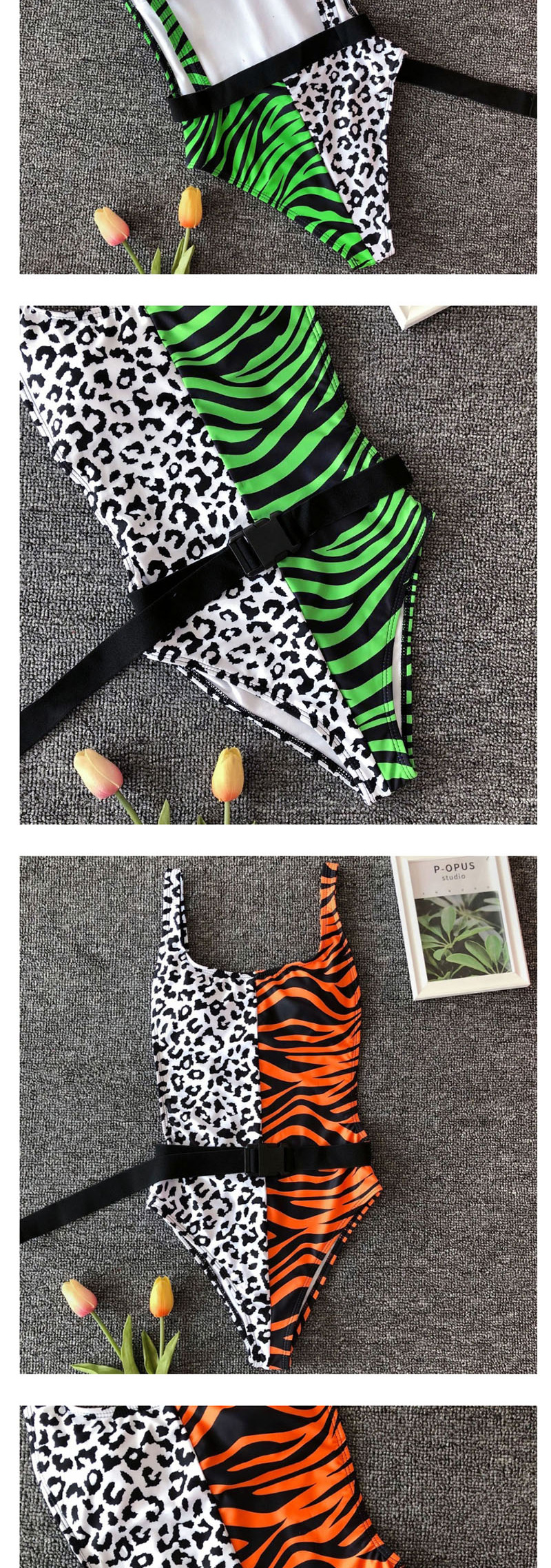 Fashion Khaki Socket Leopard Stitching One-piece Swimsuit,One Pieces