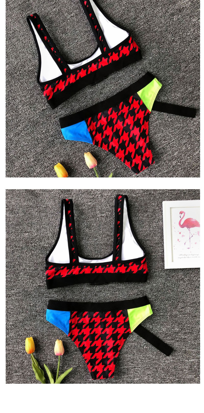 Fashion Red Socket Print Stitching Split Swimsuit,Bikini Sets