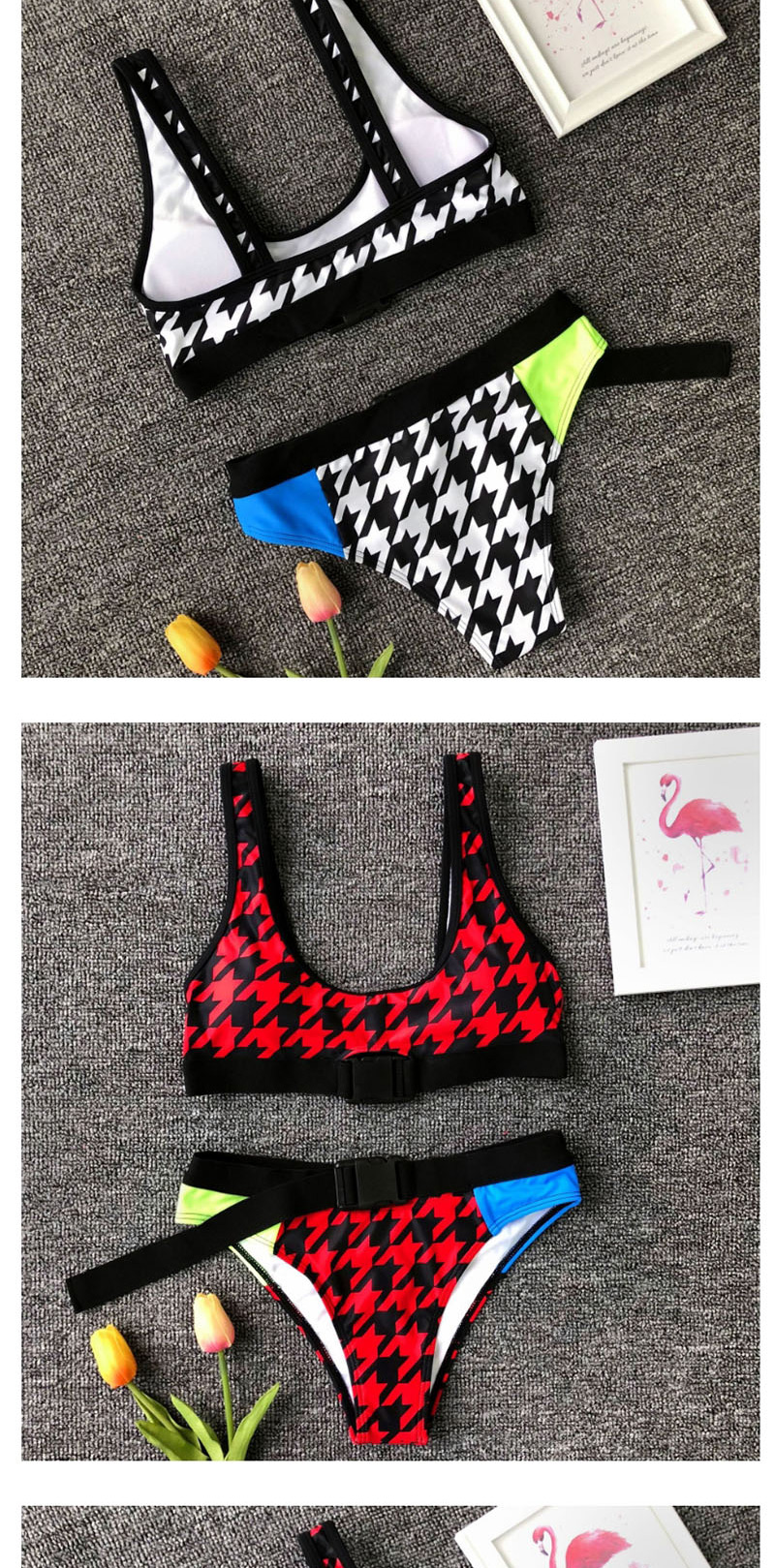 Fashion Red Socket Print Stitching Split Swimsuit,Bikini Sets