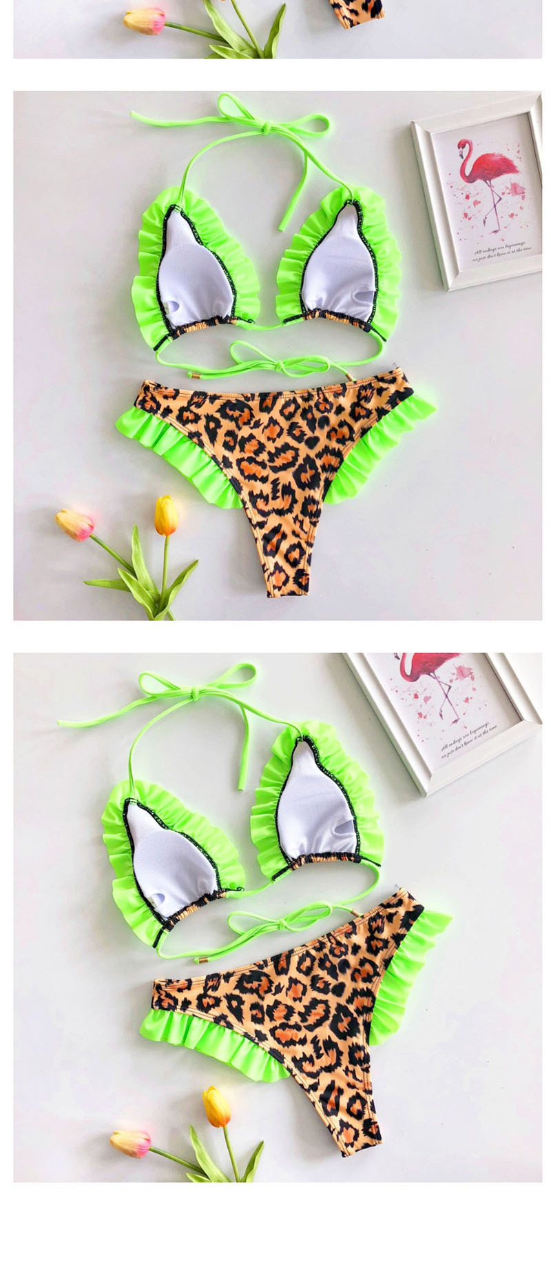 Fashion Yellow Leopard Ruffled Bandage Split Swimsuit,Bikini Sets