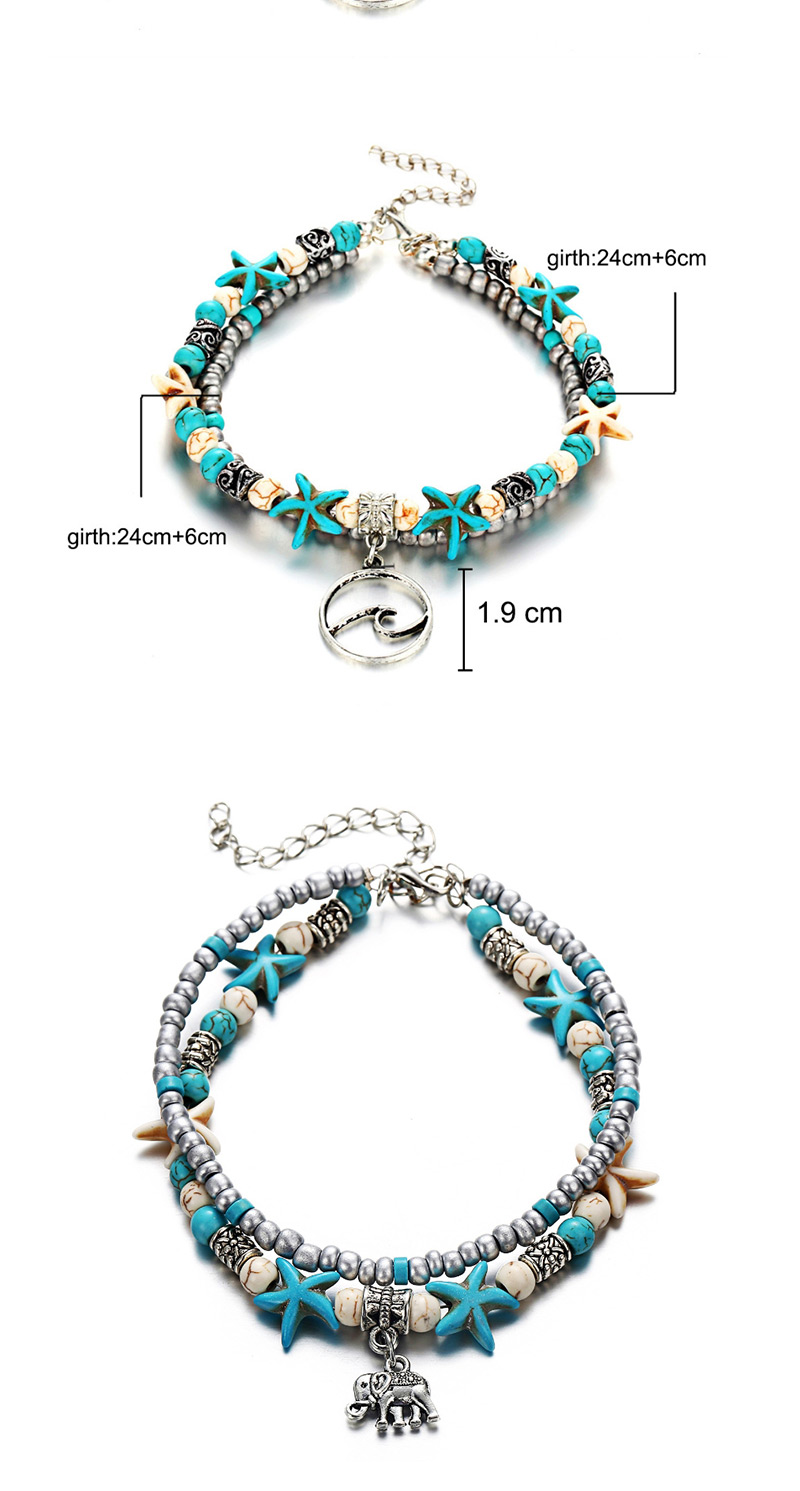 Fashion Geometric Turquoise Turtle Double-layer Conch Starfish Rice Bead Turtle Anklet,Fashion Anklets