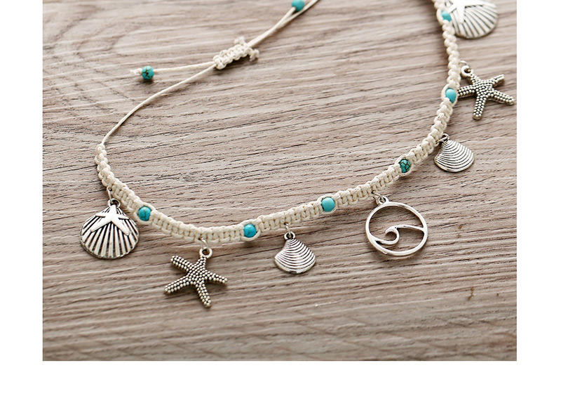 Fashion Silver Starfish Wave Pattern Shell Shell Inlaid Turquoise Anklet,Fashion Anklets