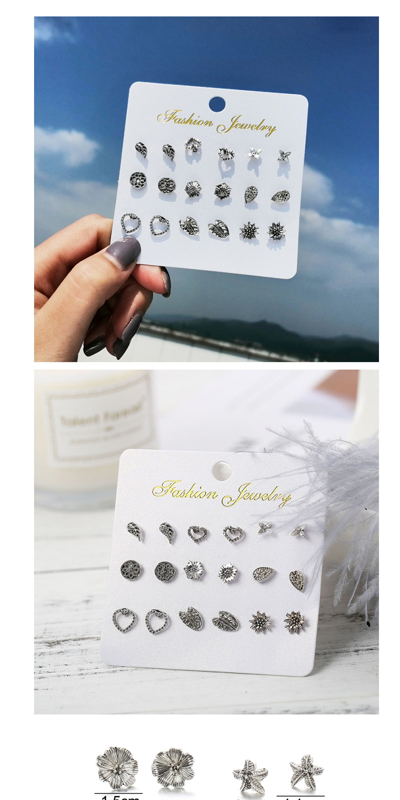 Fashion Silver Crown Flower English Alphabet Earrings Set Of 10,Stud Earrings