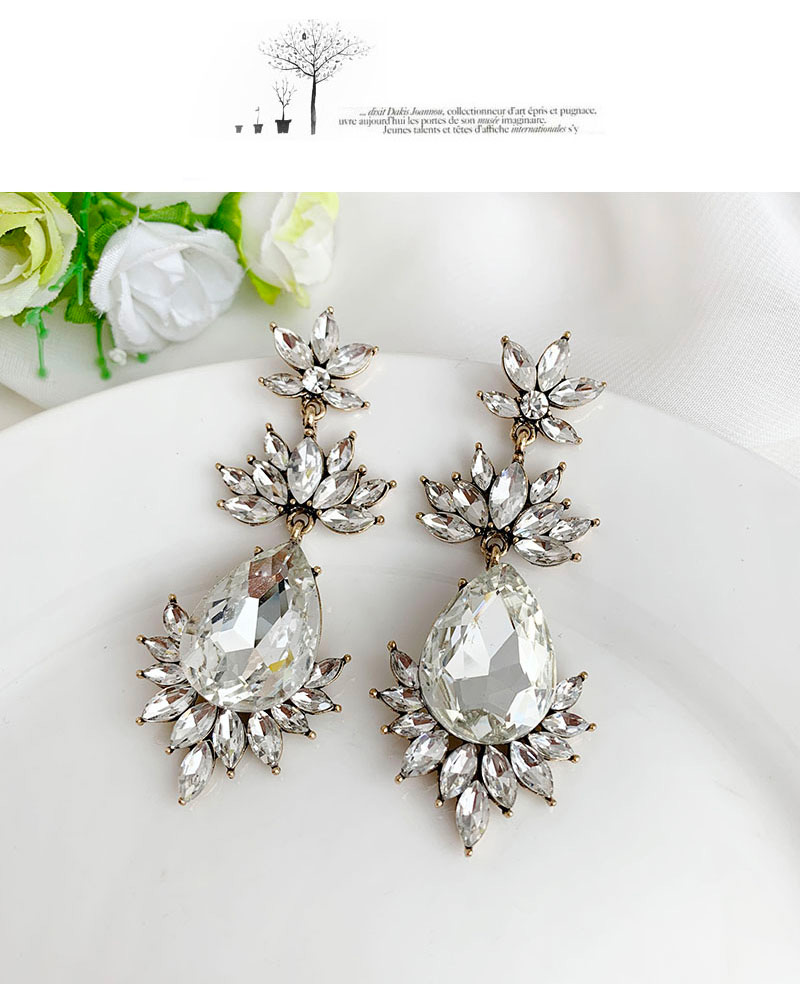 Fashion White Alloy Diamond-drilled Drop-shaped Diamond Stud Earrings,Drop Earrings