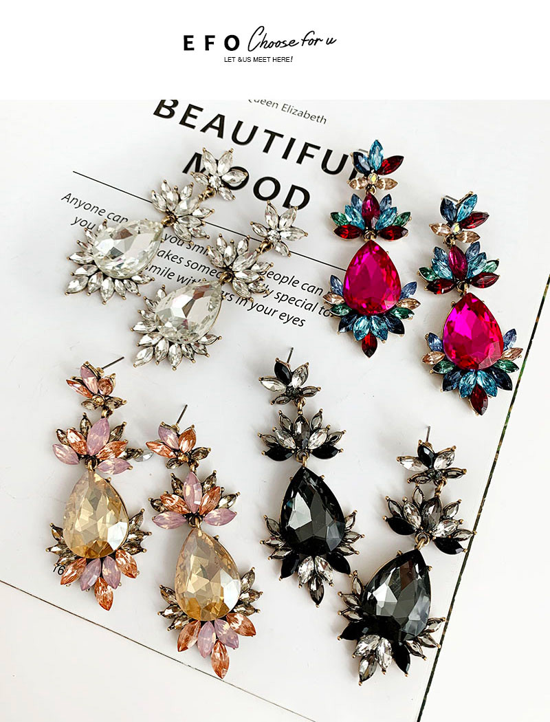 Fashion Champagne Alloy Diamond-drilled Drop-shaped Diamond Stud Earrings,Drop Earrings