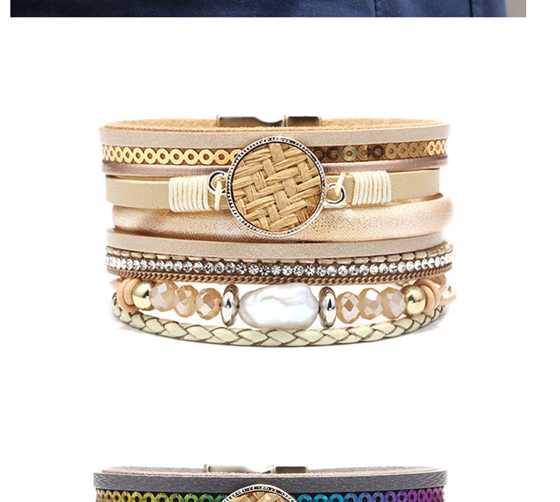 Fashion Beige Pearl-studded Multi-layer Leather Magnetic Buckle Bracelet,Fashion Bracelets