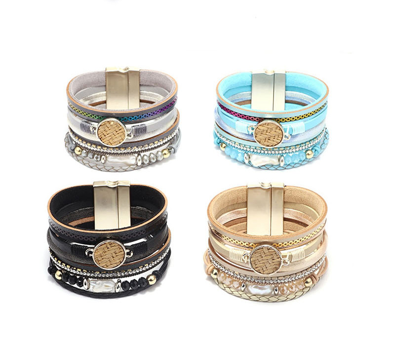 Fashion Beige Pearl-studded Multi-layer Leather Magnetic Buckle Bracelet,Fashion Bracelets
