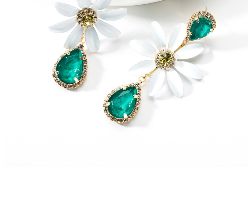 Fashion Green Drop Oil Flower Drop Shaped Diamond  Silver Needle Earrings,Drop Earrings