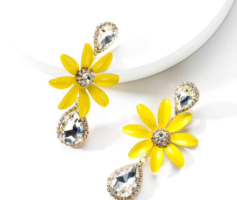 Fashion Yellow Drop Oil Flower Drop Shaped Diamond  Silver Needle Earrings,Drop Earrings