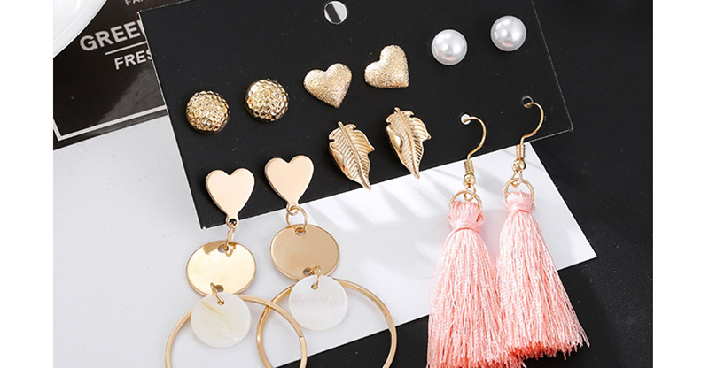 Fashion Gold Metal Leaf Pearl Shell Heart Shaped Tassel Stud Earring Set,Earrings set