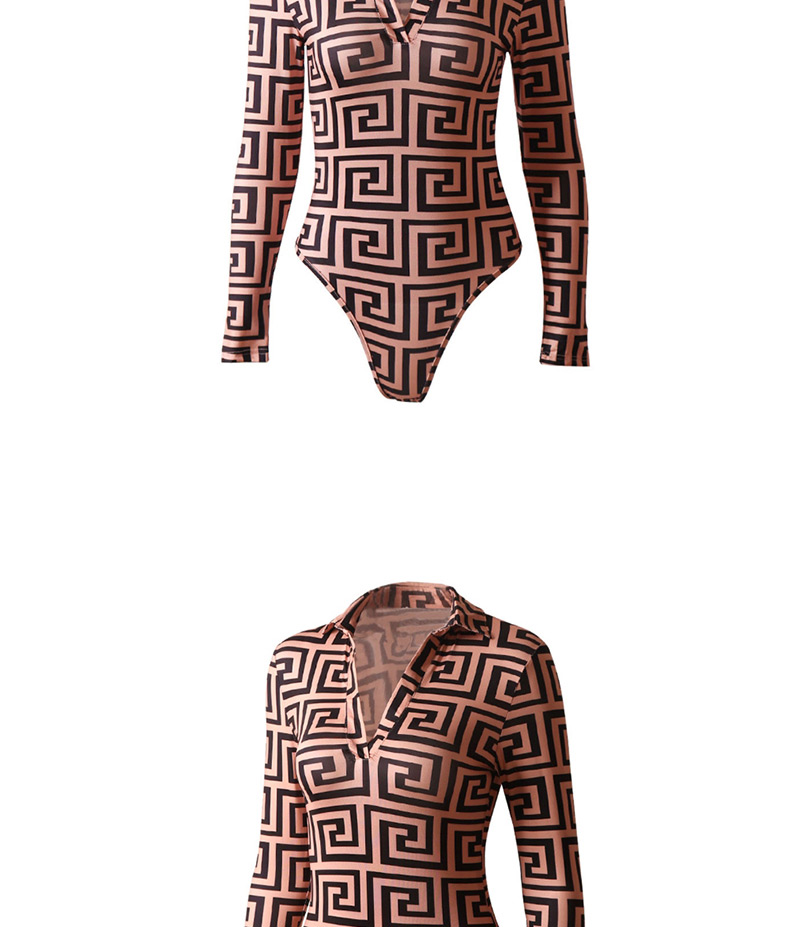 Fashion Light Coffee Long Sleeve V-neck Print Jumpsuit,Bodysuits