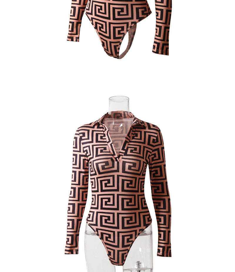 Fashion Light Coffee Long Sleeve V-neck Print Jumpsuit,Bodysuits