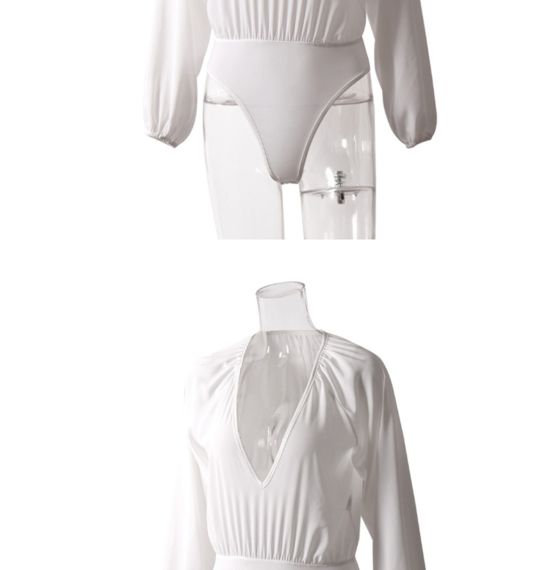 Fashion White Chiffon V-neck T-shirt Jumpsuit,Bodysuits
