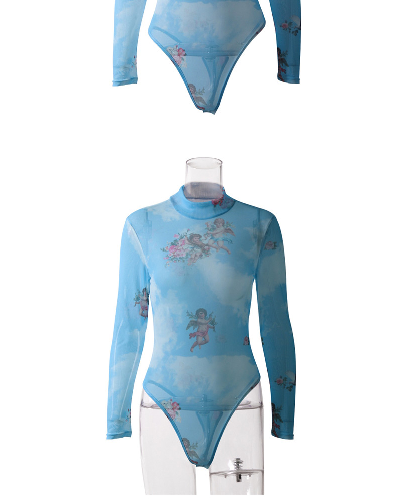 Fashion Blue Angel Mesh Print Jumpsuit,Bodysuits