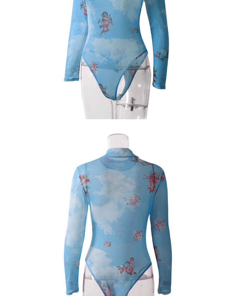 Fashion Blue Angel Mesh Print Jumpsuit,Bodysuits