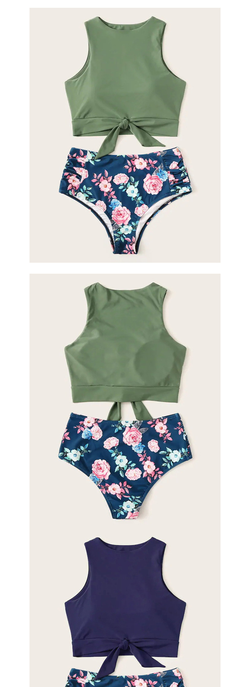Fashion Green Stripes Printed High Waist Split Swimsuit,Bikini Sets