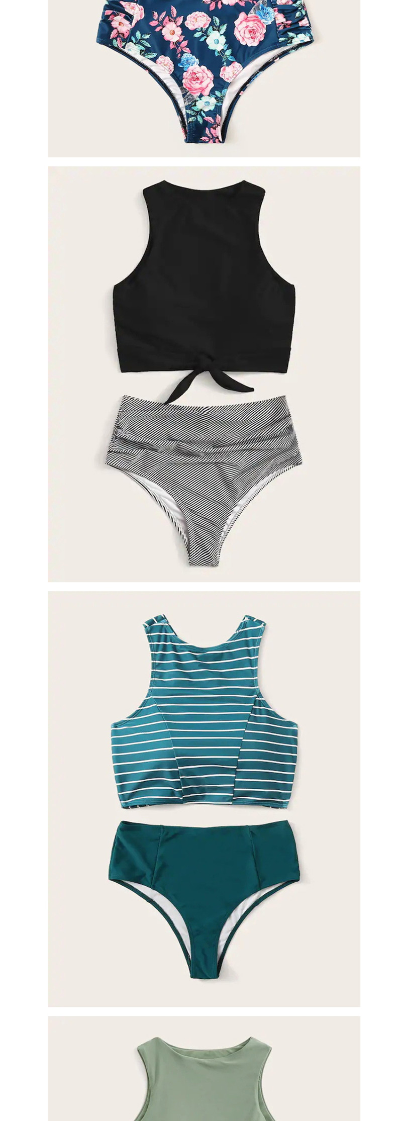 Fashion White Stripe Printed High Waist Split Swimsuit,Bikini Sets