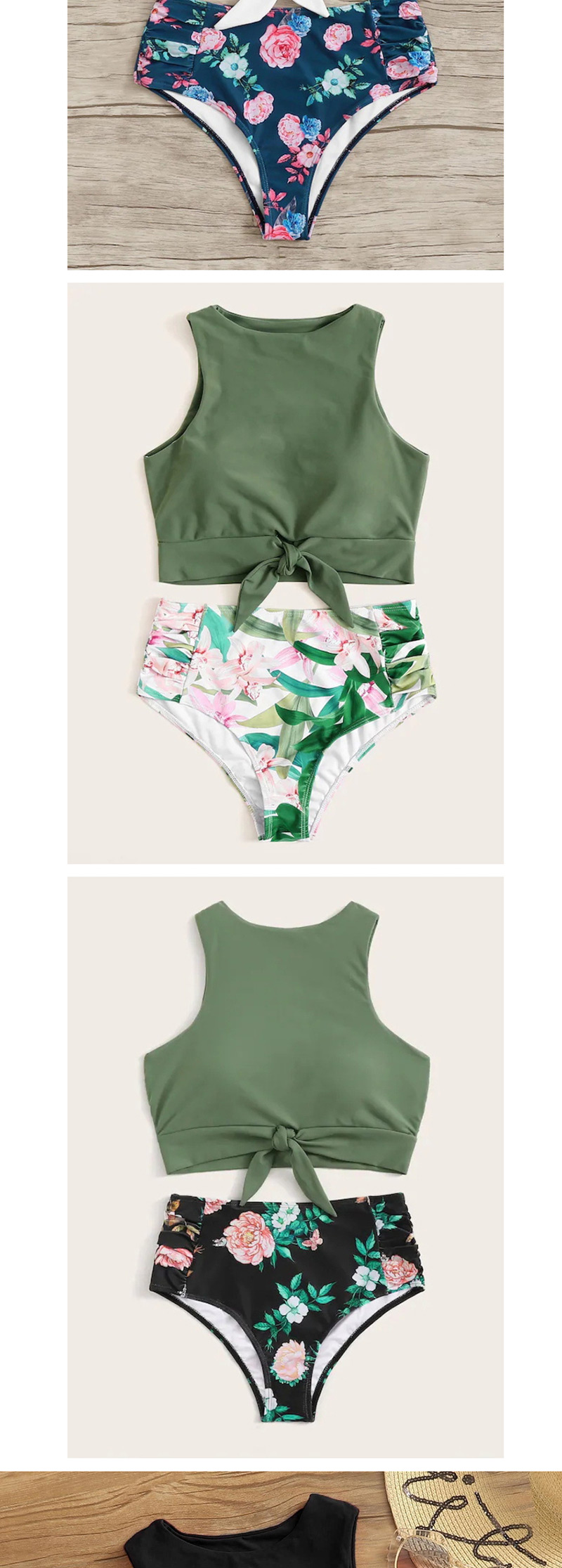 Fashion Green Leopard Point Printed High Waist Split Swimsuit,Bikini Sets