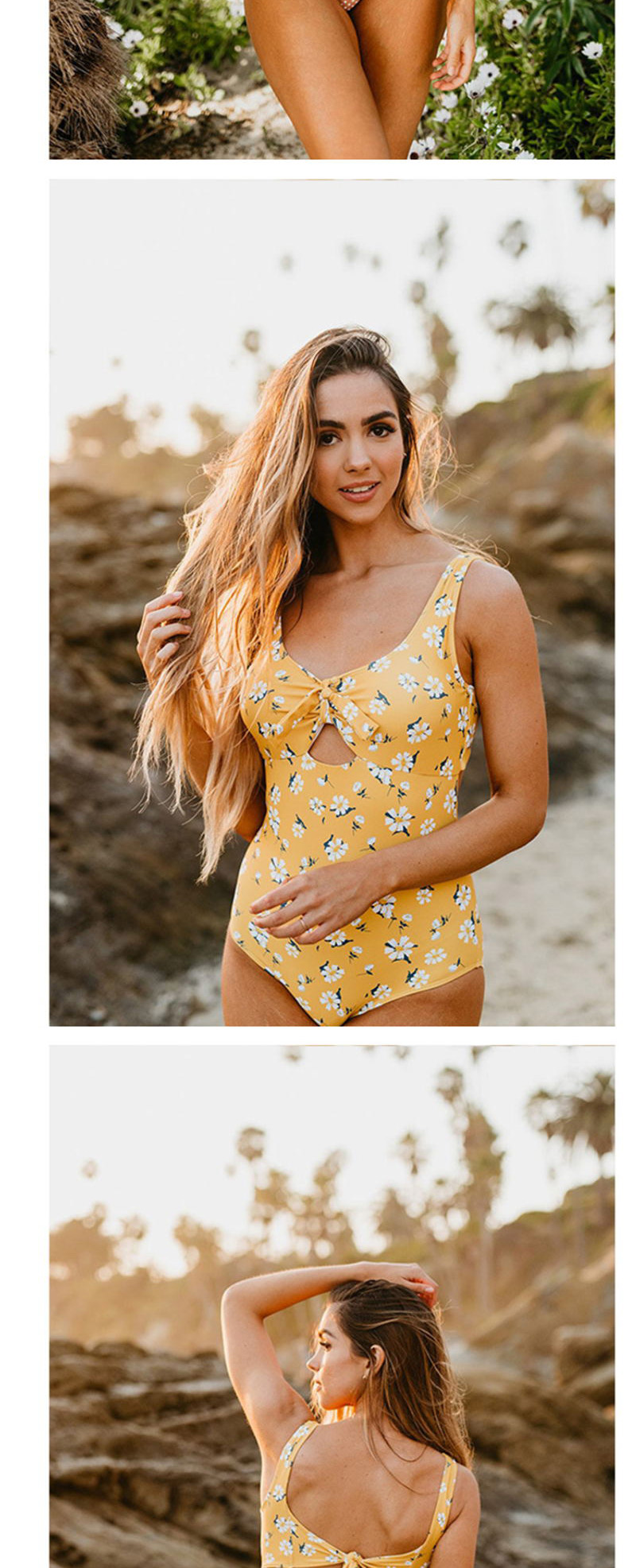 Fashion Yellow Flower Printed High Waist Split Swimsuit,One Pieces