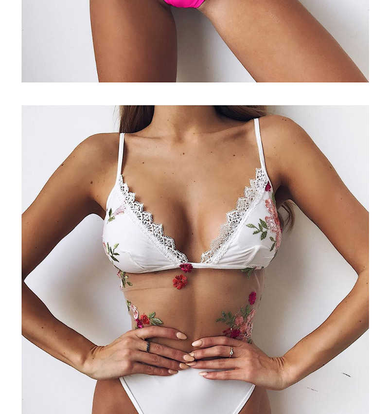Fashion White Rose Embroidered Mesh Stitching Lace One-piece Swimsuit,Bikini Sets