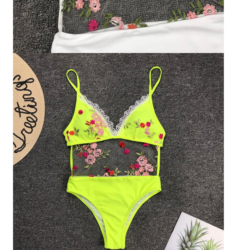 Fashion Fluorescent Yellow Rose Embroidered Mesh Stitching Lace One-piece Swimsuit,Bikini Sets