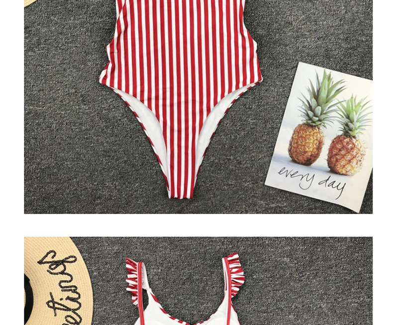 Fashion Red Striped Ruffled One-piece Swimsuit,One Pieces