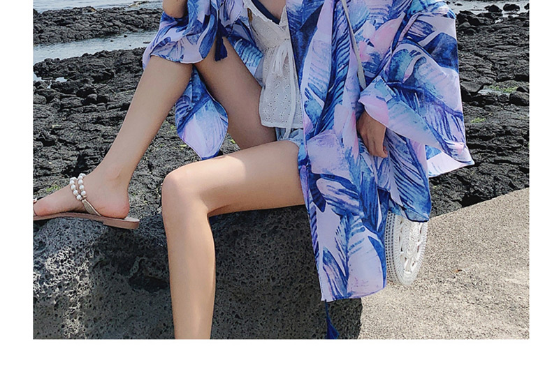 Fashion Bright Blue Leaves Oversized Sunscreen Shawl,Thin Scaves