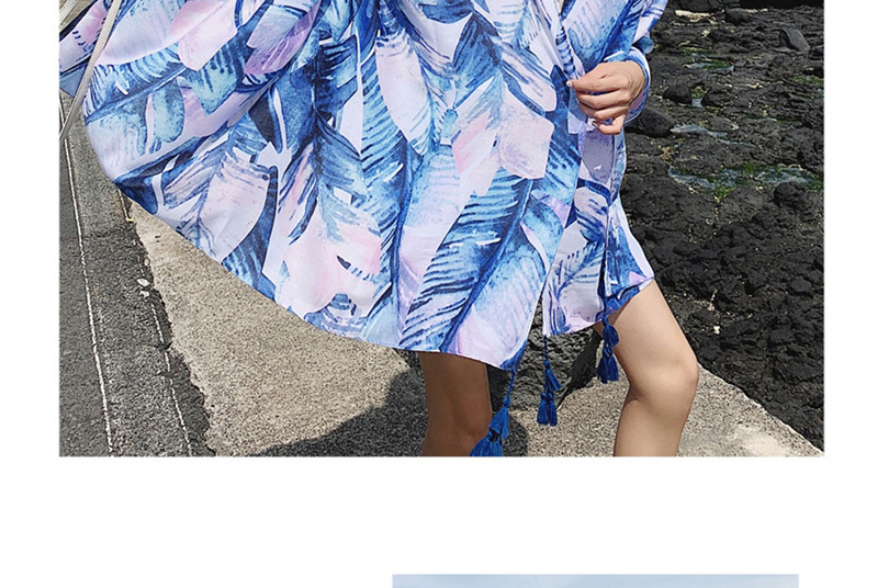 Fashion Bright Blue Leaves Oversized Sunscreen Shawl,Thin Scaves
