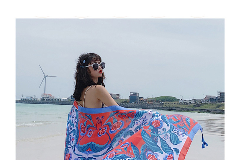 Fashion Red-edged Blue Leaves Oversized Sunscreen Shawl,Thin Scaves