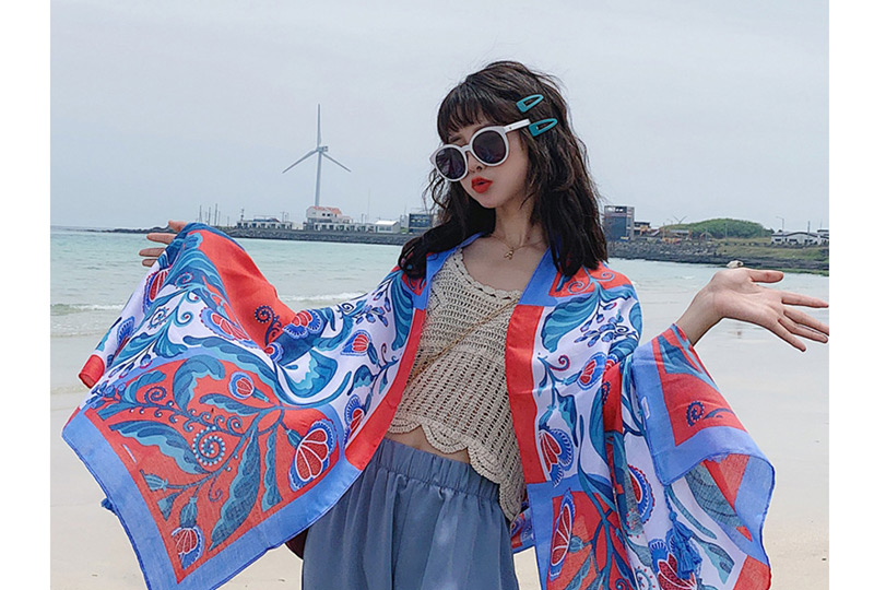 Fashion Red-edged Blue Leaves Oversized Sunscreen Shawl,Thin Scaves