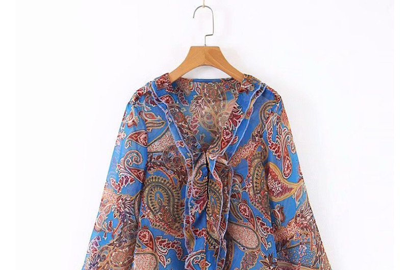 Fashion Blue Chiffon Flower Print V-neck Shirt,Blouses