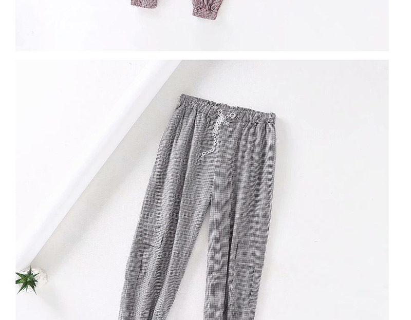Fashion Gray Grid Plaid Printed Chain Stitching Trousers,Pants