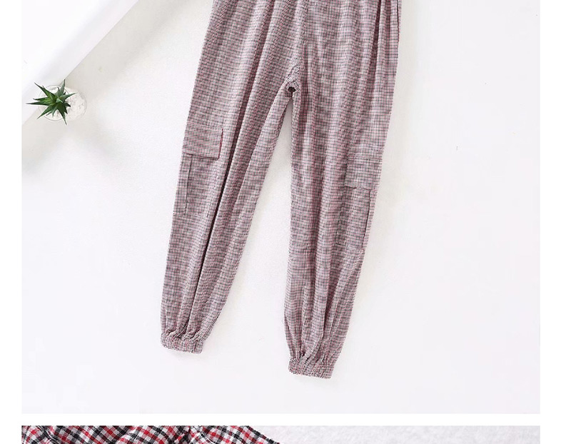 Fashion Gray Grid Plaid Printed Chain Stitching Trousers,Pants